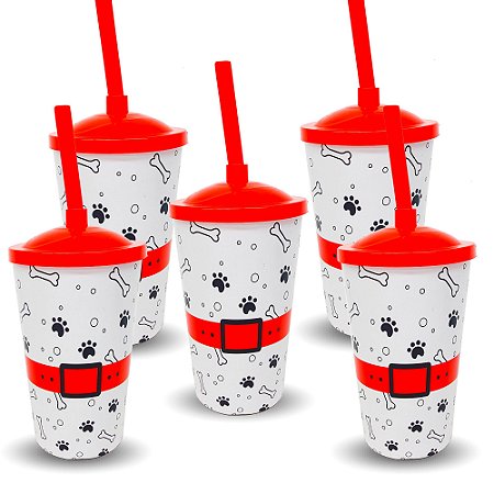 5 Copos Plástico Tampa e Canudo Decoração Patrulha festa