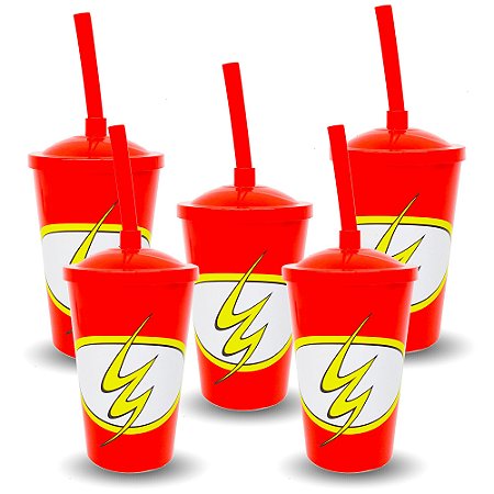 5 Copos Plástico Tampa e Canudo Decoração Flash festa aniver