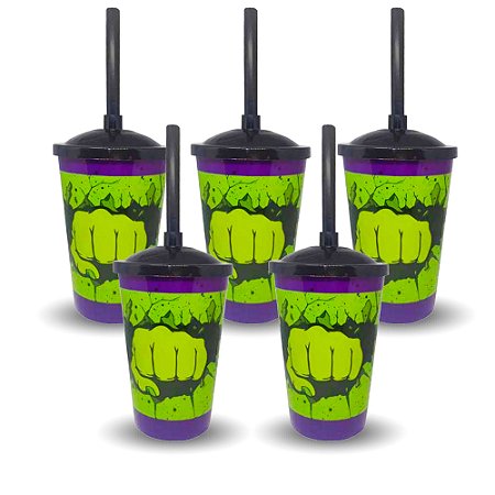 5 Copos Plástico Tampa e Canudo Decoração Vingador Esmaga