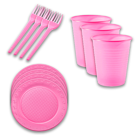 Kit festa Descartáveis Rosa 85 pçs Copo + garfos + Pratos