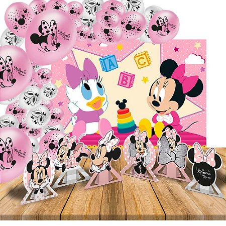 Kit festa Decoração Minnie Rosa 25 Balões +Painel +6 Display