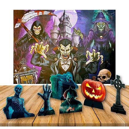 Kit festa Halloween decoração Painel GG + Display de mesa