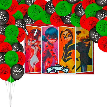 Kit festa Ladybug Decoração 25 Balões + Painel 1,40m Gingant