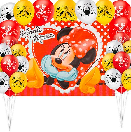 Kit Festa Minnie Mouse Decoração Painel Gigante + 25 Balões