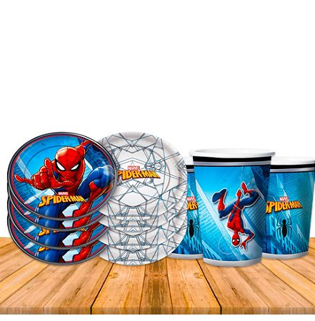 Kit Festa Homem Aranha Decoração 8 Copos + 8 Pratos