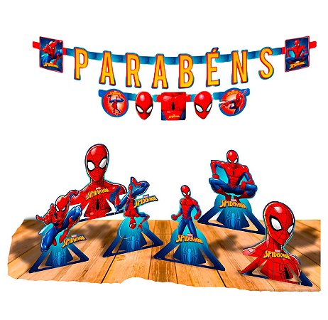 Kit Festa Homem Aranha Decoração Faixa + 6 Display de mesa