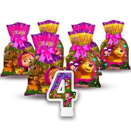 Kit festa Masha e o Urso Decoração 24 Sacolas surpresa +vela
