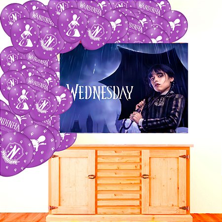 Kit Festa Decoração Wandinha Painel Gigante + 25 Balões