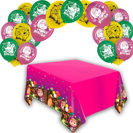 Kit Festa Masha e o Urso Decoração Anive Toalha + 50 Bexigas