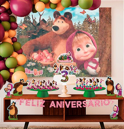 kit festa Masha e o Urso Aniversário 39pçs EVA + Vela 3 Anos