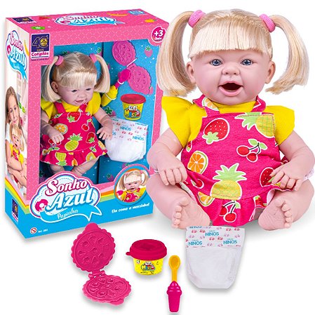 Boneca GRANDE Sonho Azul come Papinha faz caquinha