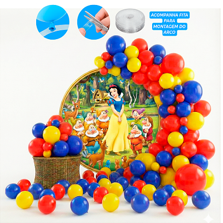 Kit Balão Arco Descontruído Decoração Branca de Neve 151 Pçs