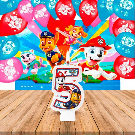 Kit festa Patrulha canina Vela 5 + Balão + Painel GIGANTE