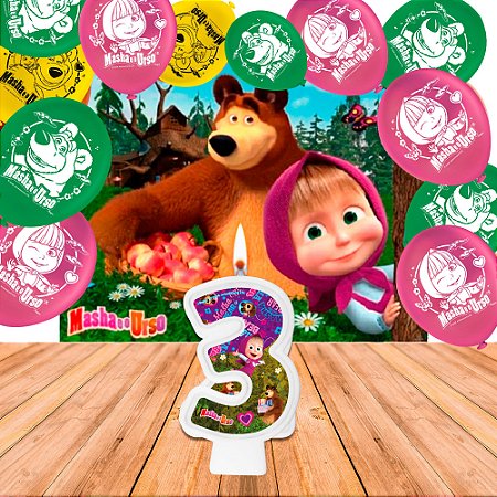 Kit festa Masha e o Urso Decoração Painel + Bexigas + vela 3