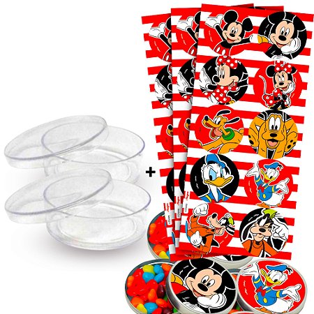 Kit decoração Mickey Festa 30 adesivos + 20 Latinhas