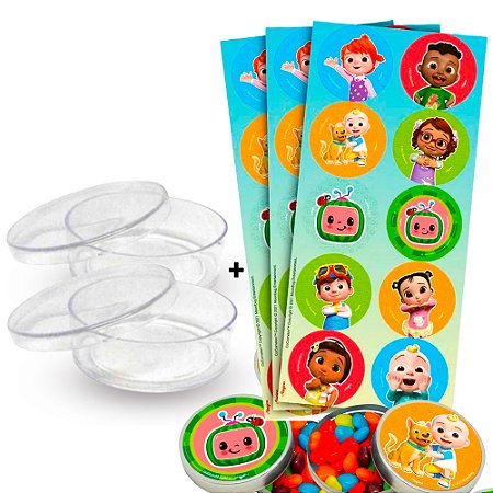 Kit decoração Cocomelon Festa 30 adesivos + 20 Latinhas