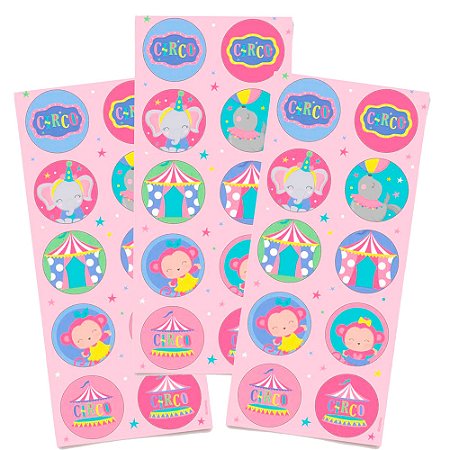 30 Adesivos Redondo Decoração CIRCO ROSA Festa