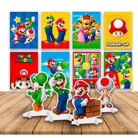 Kit festa Super Mario Decoração 8 Placas +4 Display de mesa - Rivfestas  itens para Decoração de festas