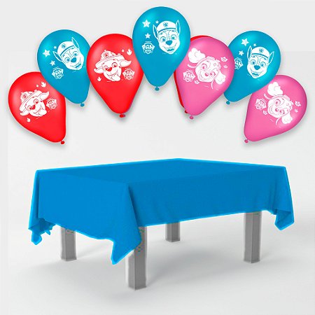 Kit festa Patrulha Canina Decoração Toalha Azul + 25 balões