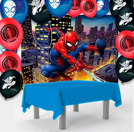 Kit festa Homem Aranha Decora Toalha Azul +25 balões +Painel