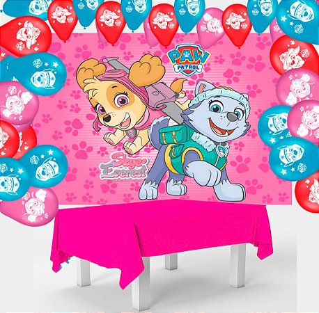 Kit festa Patrulha Canina Toalha Rosa +25 balões +Painel