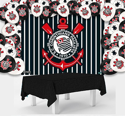 Kit festa Corinthians Anive Toalha Preta +25 balões +Painel