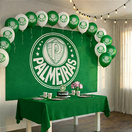 Kit Festa Palmeiras Decora Toalha Verde + 20 Baloes + Painel