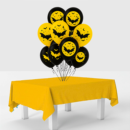 Kit festa Morcego Decoração Toalha Amarela TNT + 25 balões