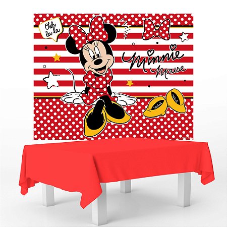 Kit festa Minnie Decoração Aniv Toalha Vermelha + Painel TNT