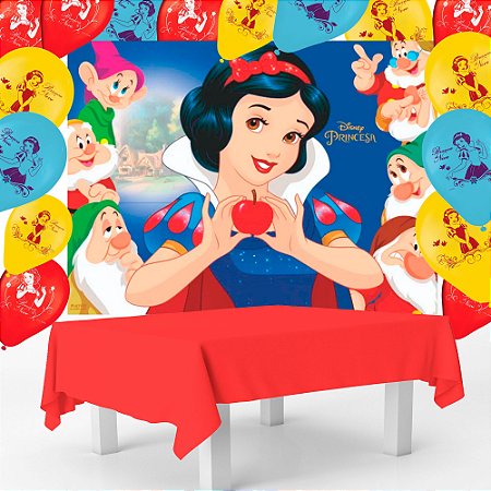 Kit festa Branca de neve Decoração Toalha+ 25 balões +Painel