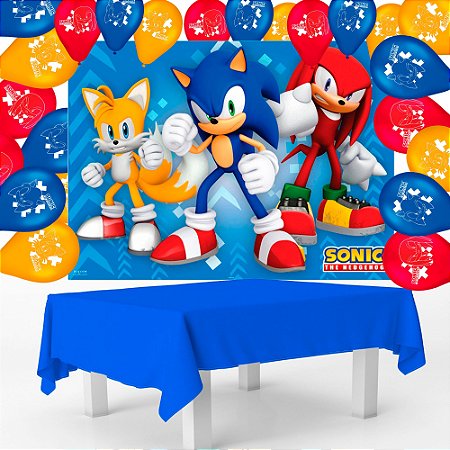 Kit Festa Sonic Aniversário Toalha Azul + 25 Balões + Painel