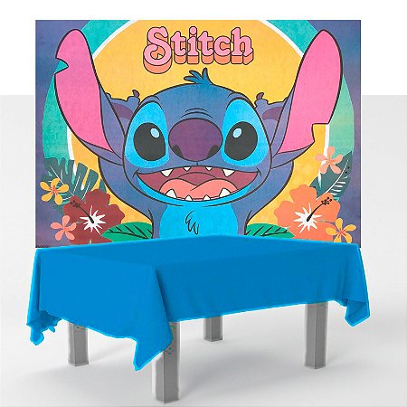 Kit festa Stitch Decoração Toalha Azul + Painel 1,40m TNT