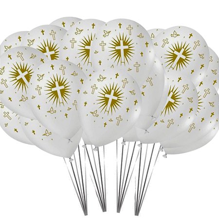 25 Bexiga Balão Batizado e Comunhão Branco com Dourado festa