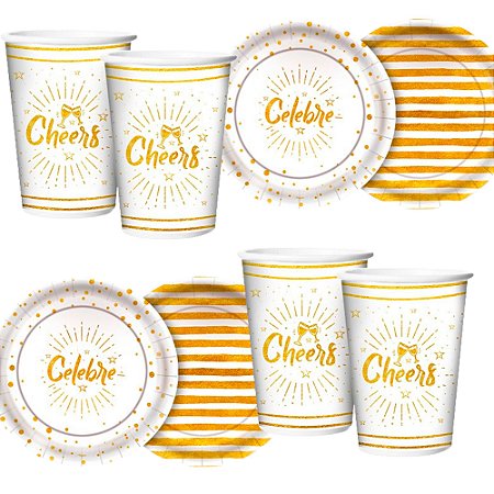 Kit Festa Ano Novo Decoração Copos e Pratos 16 unidades