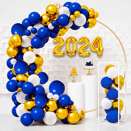 Kit Balao 129 bexigas Dourada + Branca + Azul +2024 Ano novo