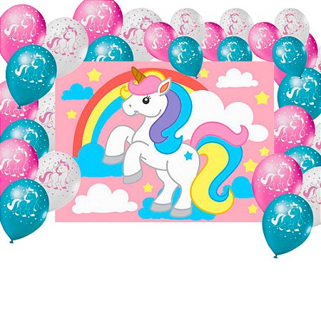 Kit Festa Unicórnio Decoração Painel TNT + 25 Balão Aniversá