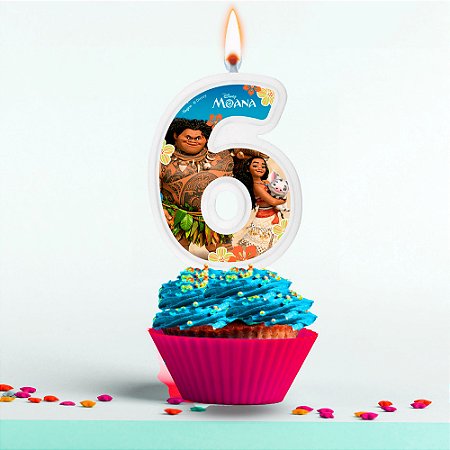 Vela decoração Moana disney Número 6 festa aniversário
