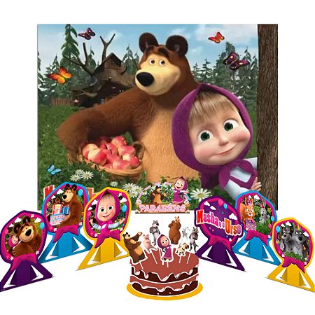 Kit festa Masha e o Urso Painel +Topo de bolo +6 Display