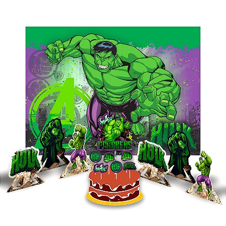 Kit festa Hulk Decora Painel TNT GG +Topo de bolo +6 Display