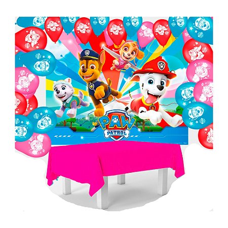 Kit festa Patrulha Canina Painel+ Toalha Rosa +25 balões