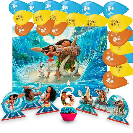 Kit Festa Moana Decoração Painel + Balão +6 Display + Vela 6