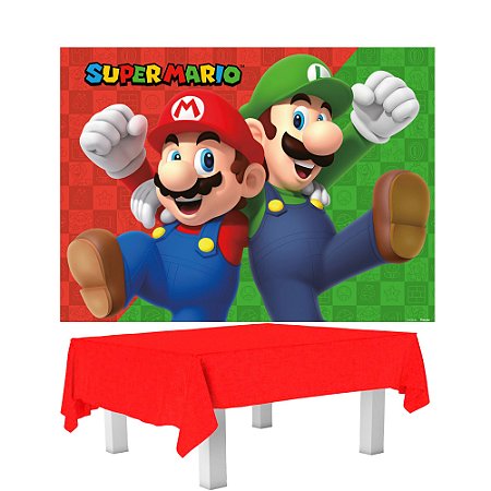Kit Feta Super Mario Decoração Painel + Toalha mesa Vermelha