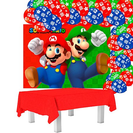 Kit Festa Super Mario Decoração Painel + 25 Balão +Toalha