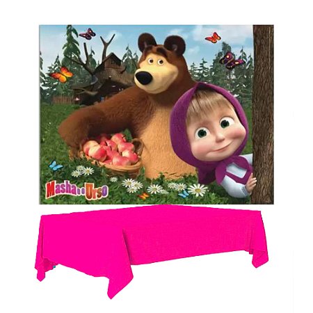 kit festa Masha e o Urso Decorcão Painel TNT + Toalha rosa