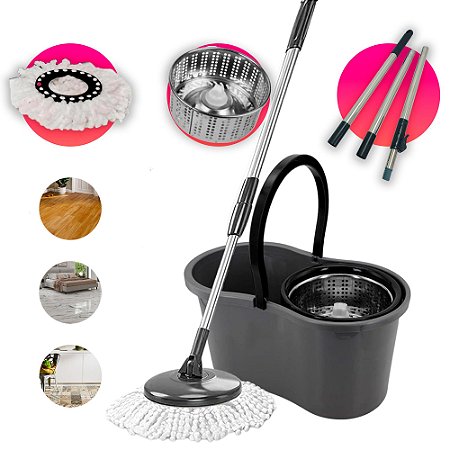 Esfregão 360° Balde Mop 2Refis 9 litros limpeza profissional