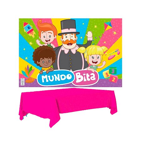Kit festa Mundo Bita Decoração Anive Toalha Rosa+ Painel GG