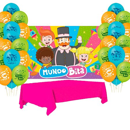 Kit festa Mundo Bita Decoração Balão+ Toalha Rosa+ Painel GG