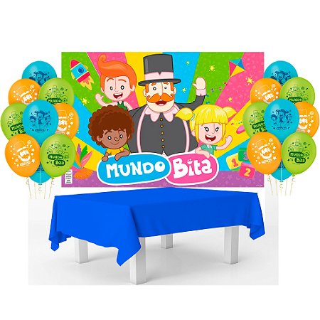 Kit festa Mundo Bita Decoração Balão+ Toalha Azul+ Painel GG