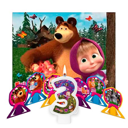 Kit Festa Masha E O Urso Decoração Painel + Vela 3 + Display