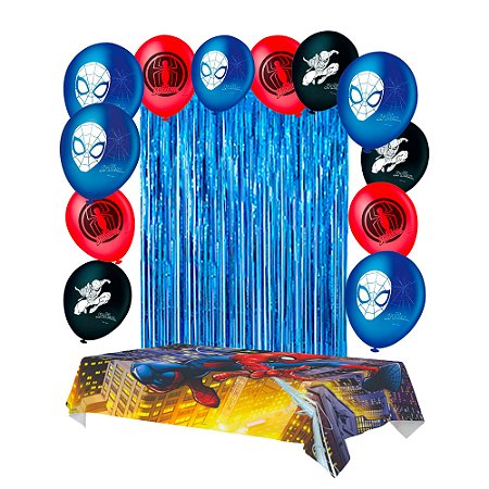 Kit festa Homem Aranha Decoração Cortina Azul+ Balão+ Toalha